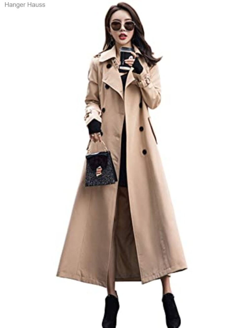 Womens Double Breasted Duster Trench Coat Long Sleeve Overcoat Polyester